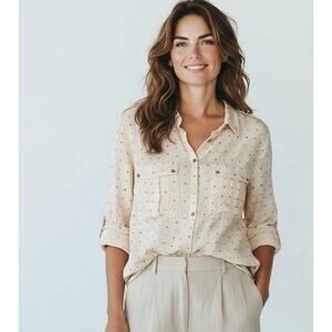 Mint Velvet Button Up Shirt Women US 12 Ivory Crepe Stars Print Epaulet Shoulder